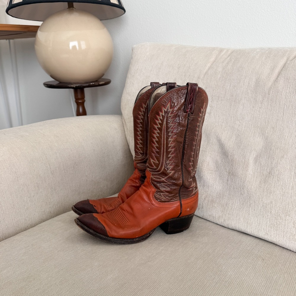 Dan Post Vintage Two Tone Brown Orange Leather Western Cowboy Boots Womens 9.5